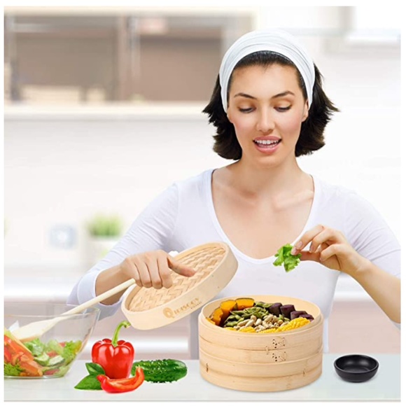 NEW 10 inch Bamboo 2 layer Steamer Basket With Lid - Picture 5 of 6